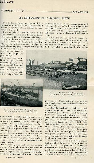 La nature n 1937 - Les sous-marins et l'industrie prive par Jourdan, La cuisine automobile de l'Empereur d'Allemagne par Gradenwitz, Les grottes peintes du Soudan franais par Lafitte, L'aviation et les moteurs par Petit, Le bouillage du linge