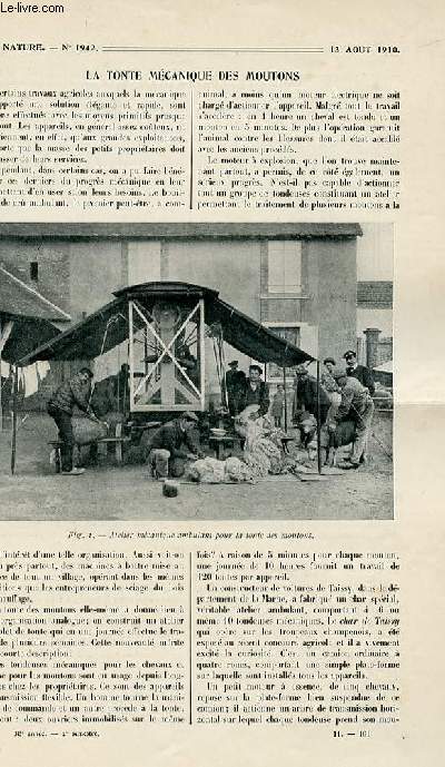 La nature n 1942 - La tontemcanique des moutons par Fournier, Le blanchiment lectrique des textiles par Chaplet, Freins pour navires de guerre, Eclairage au gaz des trains par Jacquin, L'Exposition anglo-japonaise de Londres par Lemaire, Les bois