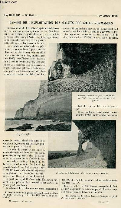 La nature n 1943 - Dangers de l'exploitation des galets des ctes normandes par Martel, Les cadrans solaires fixes par Saporta, Les bureaux tlgraphiques modernes par Fournier, Les 