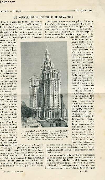 La nature n 1944 - Le nouvel Htel de ville de New York par Villers, Zbres et zbrodes par Trouessart, Les nitrates du Chili par Launay, Le pont flottant de Mechira Ben Abbou dans les Chaouia par Lacharrire, Le tir contre les ballons