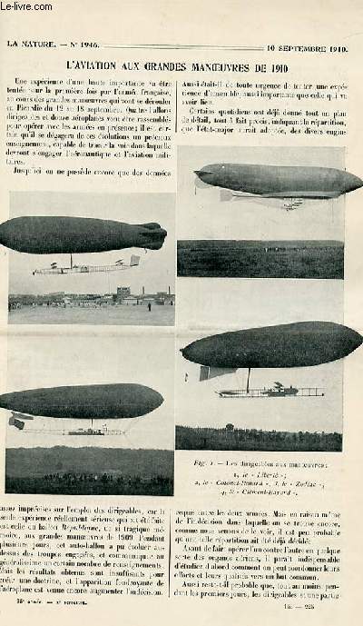 La nature n 1946 - L'aviation aux grandes manoeuvres de 1910 par le Capitaine D., Les pont de pierre par Poupet, Les eaux potables par Martel, La calorimtrie humaine: le laboratoire de nutrition  Boston par Villers