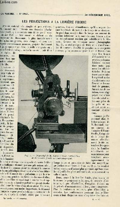 La nature n 1961 - Les projections  la lumire froide par Boyer, Le tunnel du Ltschberg par Bonnin, La conservation des gaz liqufis par Bresch, Un sondage de 2240 mtres par Sallior, Le bloodhound par Forbin, Le pluviomtre en Core au 15 sicle