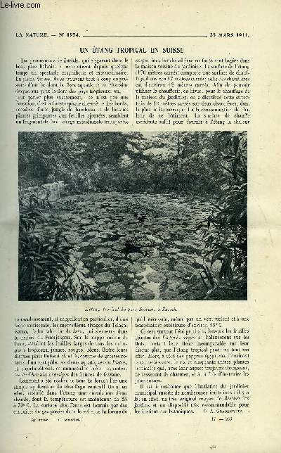 La nature n 1974 - Un tang tropical en Suisse par Gradenwitz, Les lignes lectriques souterraines de Paris par Boyer, La parthogense exprimentale par Perrot, La drivation de la Neste et les barrages des Hautes Pyrnes par Malgarie, La stabilisation