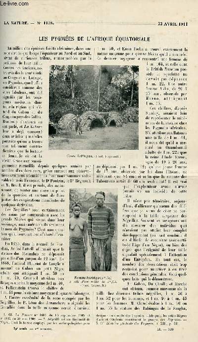 La nature n 1978 - Les Pygmes de l'Afrique quatoriale par Verneau, Le mat, La dissmination des germes dans l'univers par Paul Becquerel, Comment s'alimente un haut-Fourneau moderne par Durupt, Curieux effets de la foudre, Le muse de la parole