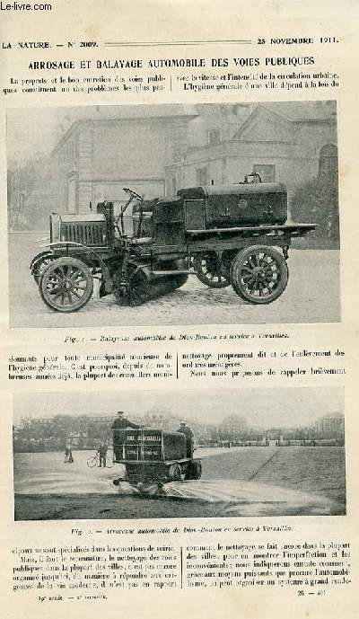 La nature n 2009 - Arrosage et balayage automobile des voies publiques par le Capitaine Renaud, Charles Dallery par lalli, La confrence de gntique, Le chemin de fer de Bagdad par Martel, L'aroplane sans moteur d'Orville Wright par Troller