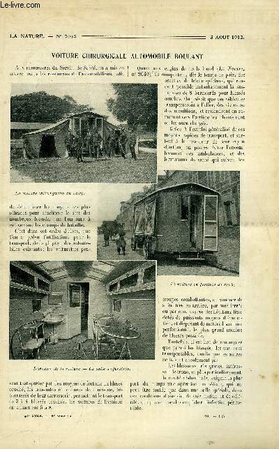 La nature n 2045 - Voiture chirurgicale automobile Boulant, une fabrique de pte  papier au Tonkin, la nourriture chimique, quelques types d'appareils de sauvetage exposs au Conservatoire des Arts et Mtiers, les grottes de Cals, clairage lectrique