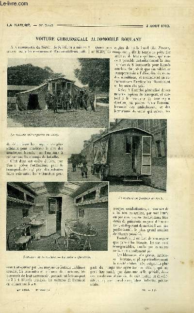 La nature n 2045 - Voiture chirurgicale automobile Boulant, une fabrique de pte  papier au Tonkin, la nourriture chimique, quelques types d'appareils de sauvetage exposs au Conservatoire des Arts et Mtiers, les grottes de Cals, clairage lectrique