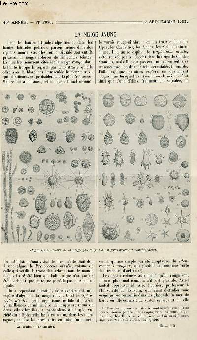 La nature n 2050 - La neige jaune par Coupin, les expriences rcentes en lumire invisible par Vigneron, la tlgraphie par les rayons infra-rouges par Michaud, un nouveau procd de destruction des mouches par Legendre, le nouvel tablissement filtrant