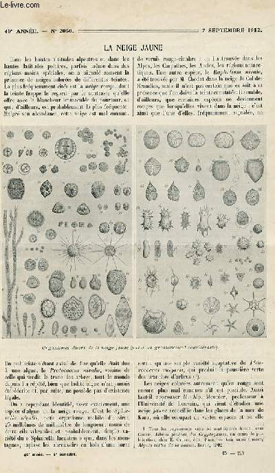 La nature n 2050 - La neige jaune par Coupin, les expriences rcentes en lumire invisible par Vigneron, la tlgraphie par les rayons infra-rouges par Michaud, un nouveau procd de destruction des mouches par Legendre, le nouvel tablissement filtrant