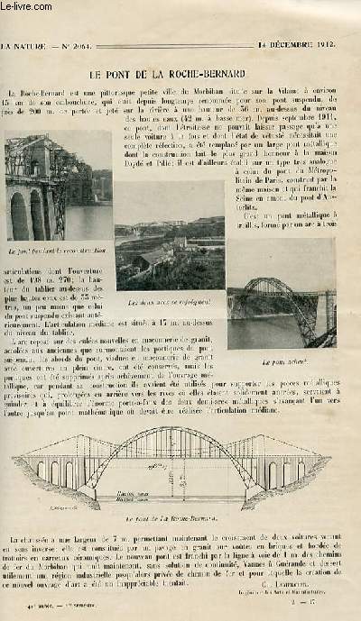 La nature n 2064 - Le pont de la Roche-Bernard par Lemercier, mthodes anciennes et nouvelles d'incinration des ordures mnagres par Loir, les Glandines: mollusques carnassiers du Mexique par Boyer, archologie du Turkestan chinois par Lafitte