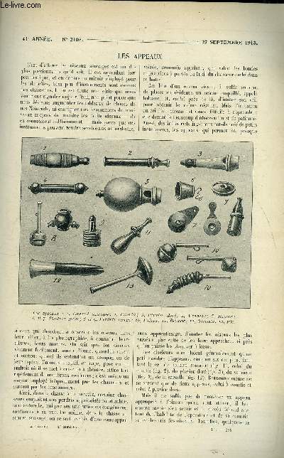 La nature n 2105 - Les appeaux par Merle, La mesure prcise des temps trs courts en physiologie par Cardot, Le port de Fdalah au Maroc par cambon, La dfense de l'Europe contre la peste par Forbin, Un balai lectrique pour nettoyer les coques