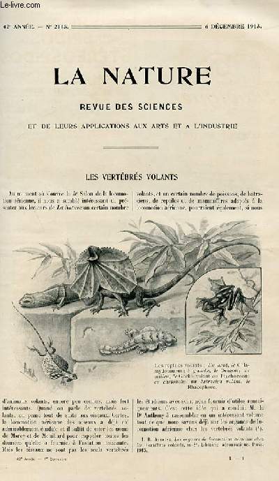 La nature n 2115 - Les vertbrs volants par Merle, L'exploitation des arbres en Argentine par Coutaud, La vision dans l'eau par Vigneron, Le phonographe matre de langues par Sailles, La vie chre par Breton