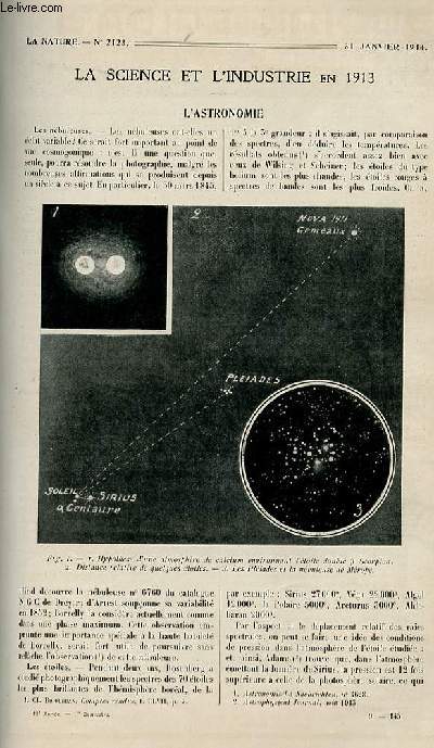 La nature n 2123 - La science et l'industrie en 1913: astronomie, Physique, chimie, Botanique, agriculture, Physiologie, anthropologie, mdecine, industrie lectrique, Aronautique, marine