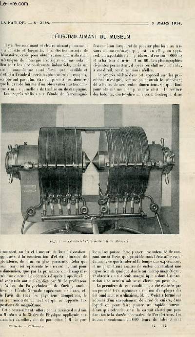 La nature n 2128 - L'lectro-aimant gigantesque du Museum par Matout, Les grands ports de France par Bonnin, La mcanique au service de la tlphonie par Fournier, Cadran solaire donnant l'heure lgale par Dosne, La pellagre, Le funiculaire