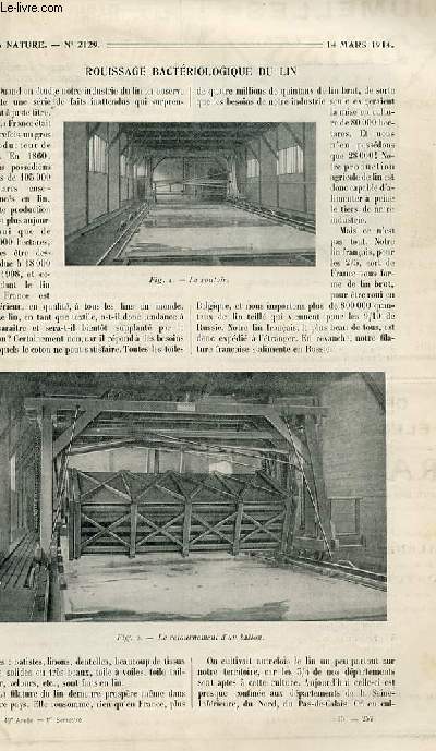 La nature n 2129 - Rouissage bactriologique du lin par Claude, Les ampoules  rayons X par Troller, La torpille automobile par Sauvaire Jourdan, Les radiolments et leur classification par Vigneron, Les ponts basculants, La racclimatation