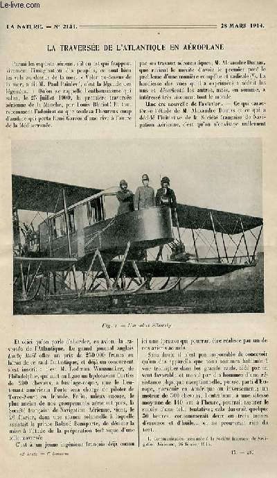 La nature n 2131 - Les peintures et les gravures murales de l'ge du renne par Lafitte, La traverse de l'Atlantique en aroplane par Chassriaud, Contre le cadran de 24 heures par Lallemand, La manutention pneumatique des grains par Boyer, La loi