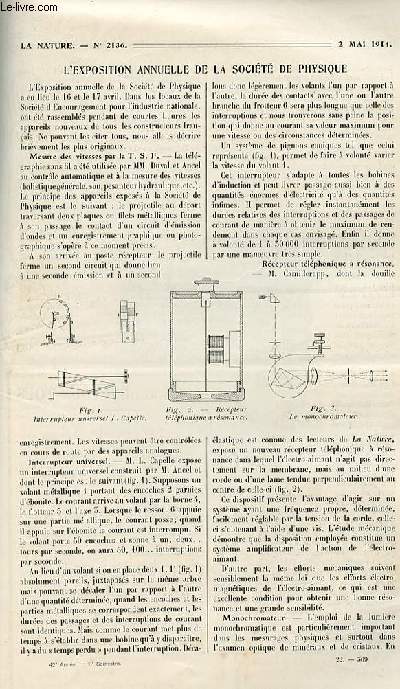 La nature n 2136 - L'exposition annuelle de la Socit de Physique par Vigneron, Rabat: la naissance d'une capitale par Cambon, Les extincteurs d'incendie  cume par Neron, Les varrons des bovids par Merle, Un vtran du monde vgtal: le cyprs