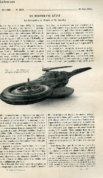 La nature n 2139 - Le gyroptre A.Papin et D.Rouilly par Fournier, Le tremblement de terre de Sicile par Launay, Les nouvelles machines pour la fabrication des boutons de nacre par Graffigny, Utilisation des vapoeurs naturelles des 