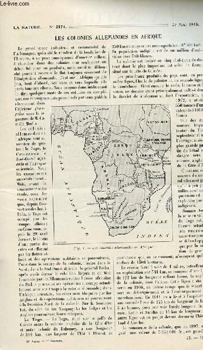 La nature n 2174 - Les colonies allemandes en Afrique par Bonnin, Les Portes-de-Fer par Launay, Les roues lastiques, Prparer soi-mme du papier photographique, Sous-marins microscopiques par Coupin