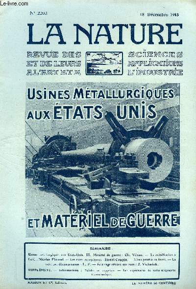 La nature n 2203 - Usines mtallurgiques aux Etats-Unis et matriel de guerre par Vron, La mtallisation  froid par Flamel, Les races europennes par Coupin, L'eau potable au front, La mort par dcompression, Eclairage efficace des rues par Vichniak