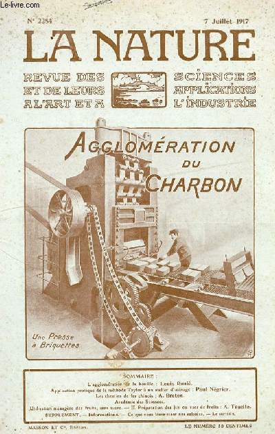 La nature n 2284 - Agglomration du charbon par Reni, Application pratique de la mthode Taylor  un atelier d'usinage par Ngrier, les chemins de fer chinois par Breton.