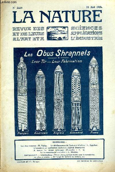 La nature n 2330 - Les obus Shrapnels par Volta, L'industrie htelire par Auscher, L'amiante et ses applications modernes par Renouard, A travers les revues techniques allemandes par LC, Le transcontinental australien par Breton.