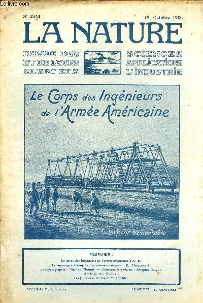 La nature n 2343 - Le corps des ingnieurs de l'arme amricaine par AB, La musaraigne hroque et les animaux cuirasss par Trouessart, La cryptographie par Flamel , Les nouveaux ferry-boats par Boyer, Les jaunes sur le front par Forbin.