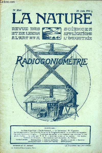 La nature n 2361 - La flotte frigorifique par Gouault, La fluorescence par Vigneron, La recherche des postes de tlgraphie sans fil, La chasse aux zeppelins, Les ondes hertziennes diriges, La mthode des cadres, La rception sans antennes, Les postes