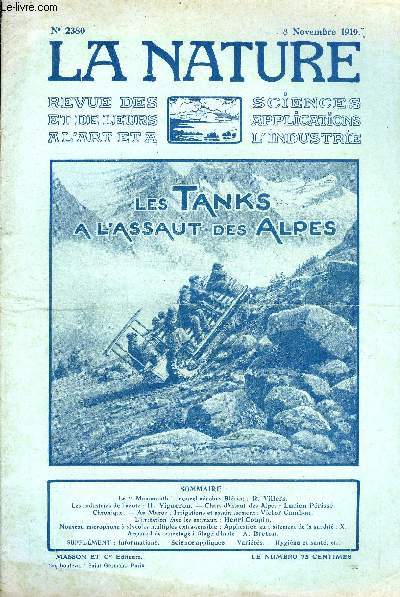 La nature n 2380 - Nouvel arobus Blriot par R. Villers, Les industries de l'azote par H. Vigneron, Chars d'assaut des Alpes par Lucien Priss, Irrigations et assainissements au Maroc par Cambon, L'imitation chez les animaux par Henri Coupin, Nouveau