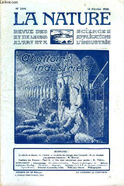 La nature n 2394 - Le ptrole en Alsace par V. Forbin, La pche des ponges dans l'Antiquit par G.A. Huckel, Les abattoirs industriels par H. Martel, Une main automatique pour mutils par R. Villers.