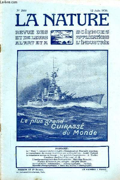La nature n 2410 - Le Hood, cuirass mastodonte anglais par Sauvaire Jourdan, Le repeuplement des oiseaux insectivores par jardins-volires par Andr Godard, La transmission sonique de l'nergie par troller, Chaudires chauffes  l'lectricit par C.H