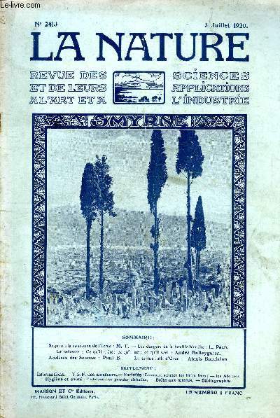 La nature n 2413 - Smyrne: la couronne de l'Ionie par M.T, Les dangers de la houille blanche par L. Pech, Le cadastre par Andr Balleyguier, La tortue luth d'Oran par Alexis Baccialon.