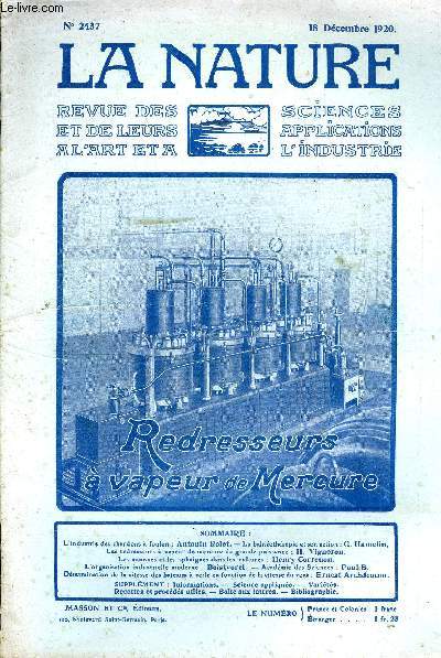 La nature n 2437 - L'industrie des charbons  foulon par Antonin Rolet, La balnothrapie par G. Hamelin, Les redresseurs  vapeur de mercure de grande puisance par H. Vigneron, Les mousses et les sphaignes dans les cultures par Henry Correuon