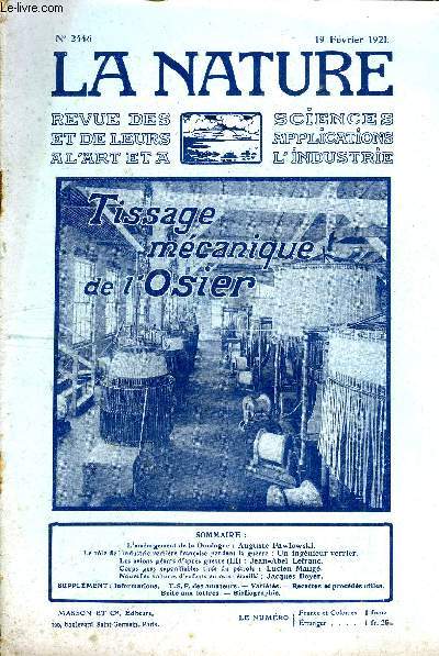 La nature n 2446 - L'amnagement de la Dordogne par Auguste Pawlowski, Le rle de l'industrie verrire franaise pendant la guerre, Les avions gants d'aprs-guerre (3) par Jean Abel Lefranc, Corps gras saponifiables tirs du ptrole par Lucien Maug