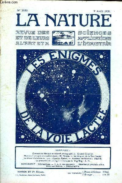 La nature n 2453 - Commet se fabrique un objectif photographique par Ernest Coustet, Moteurs lectriques avec outils  main par E. Weiss, Les nigmes de la voie lacte, La chasse  la baleine en 1920 par Charles Rabot, La protection des passages  niveau