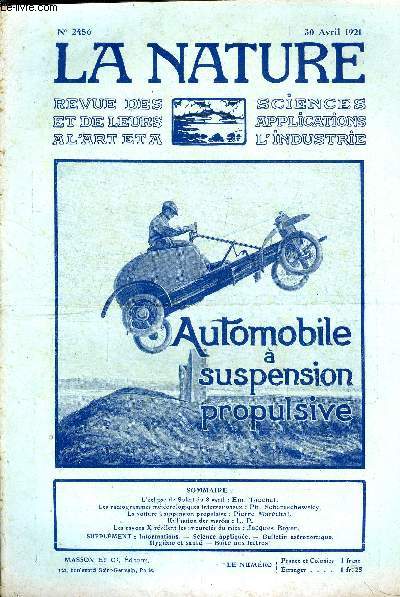 La nature n 2456 - L'clipse de soleil du 8 avril par Em. Touchet, Les radiogrammes mtorologiques internationaux par Ph. Schereschewsky, La voiture  suspension propulsive par Pierre Marchal, Utilisation des mares par LP, Les rayons X rvlent