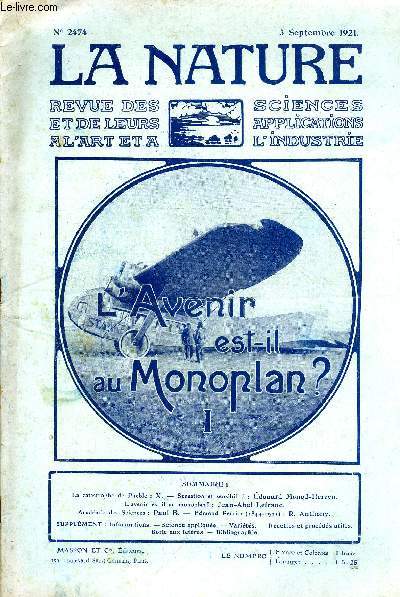 La nature n 2474 - La catastrophe de Pueblo par X, Sensation et sensibilit par Edouard Monod-Herzen, Le monoplan par Jean Abel Lefranc, Edmond Perrier par R. Anthony.