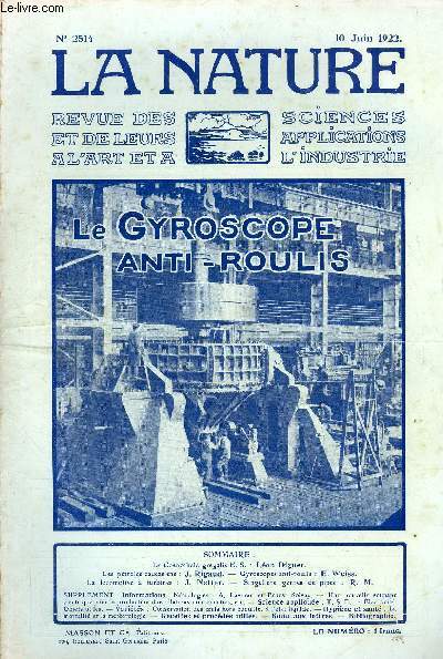 La nature n 2514 - Le Coenothele gregalis par Lon Diguet, Les ptroles caucasiens par J. Rigaud, Gyroscopes anti-roulis par E. Weiss, La locomotive  turbines par J. Netter, Singuliers genres de pipes par R.M.
