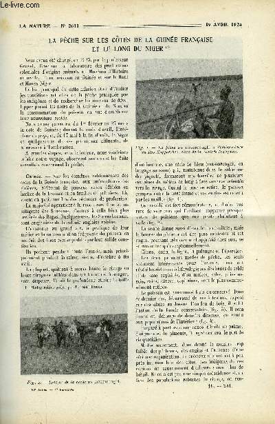 La nature n 2611 - La pche sur les cotes de la guine franaises et le long du Niger par Jean Thomas, L'tat msomorphe par H. Vigneron, Les insectes paralyseurs par V. Cornetz, La distillation de la houille a basse temprature