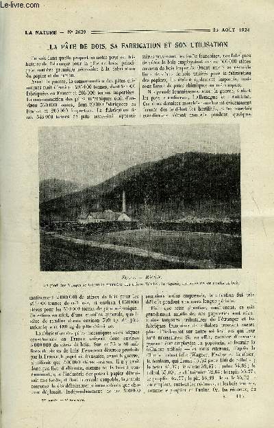 La nature n 2629 - La pate en bois, sa fabrication et son utilisation par Georges Lanorville, La maurienne par Albert Dauzat, La chloropicrine et l'touffage des cocons de vers a soie par R. Villers