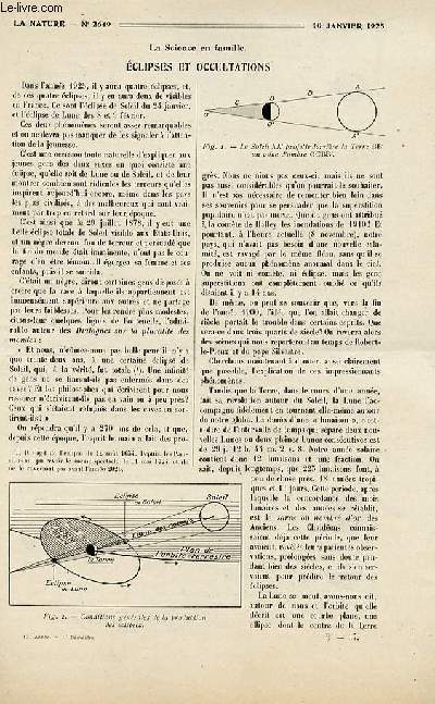 La nature n 2649 - Eclipses et occultations par E. Doublet, Les marines de guerre du Pacifique par Ct Sauvaire Jourdan, Les canalisations d'eau sous pression en acier par M. Bousquet, Constitution chimique des combustibles minraux par Ren d'Orceau.