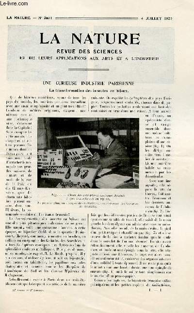 La nature n 2674 - Une cuieuse industrie parisienne par Jacques Boyer, Les acclrateurs de la vulcanisation par I.L., Un aspect de la mto moderne par Albert Baldit, Les eaux thermales d'Aix-les-Bains par L. Mayet, Un artifice optique au cinma par R.L