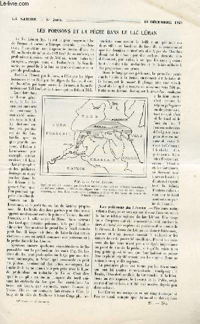 La nature n 2698 - Les poisons et la pche dans le lac Lman par Lon Bertin, Variations des vgtaux provoques par l'lectricit par Daniel Claude, La cellule photo-lectrique par G. Mareschal, La superhtrodyne et le radiomodulateur par F. De Gournay