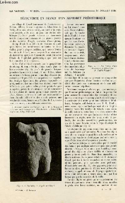 La nature n 2729 - Dcouverte en France d'un alphabet prhistorique par Dr A. Morlet, Les expditions ocanographiques allemandes par Ren Merle, Vrification de la vitesse des obturateurs par A. Hamon, Histoire de l'industrie chocolatire par Raoul