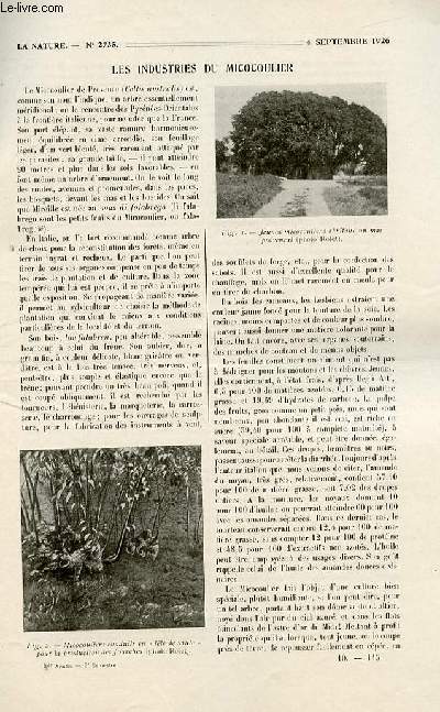 La nature n 2735 - Les industries du micocoulier par Antonin Rolet, La membrane et la permabilit cellulaire par Dr Max Aron, Les papiers peints par Jacques Boyer, Les petites mines d'anthracite du Brianonnais par Laurent Rigotad.