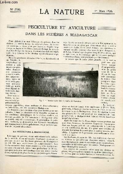 La nature n 2780 - Pisciculture et aviculture dans les rizires  Madagascar par Dr J. Legendre, La fabrication synthtique de l'acide nitrique et des nitrates au dpart du gaz ammoniac par Xavier Lafargue, Avion bernard hubert par J.A. Lefranc