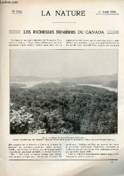 La nature n 2782 - Les richesses minires du Canada par Victor Forbin, Nouveaux appareils de physique par Albert Arnulf, L'air de Pais par Jacques Boyer, Les eaux souteraines des mines lorraines par Auguste Pawlowski, L'orvet par Alex. Feuille-Billot