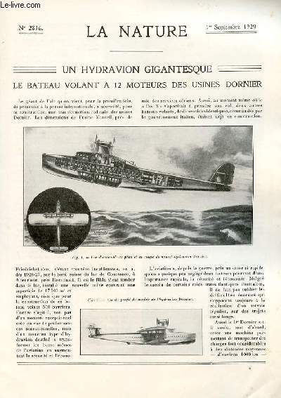 La nature n 2816 - L'hydravion gigantesque des usines Dornier par Dr A. Gradenwitz, La pche en Indochine par G. Rouan, La tl: les appareils Bell et Geloso par Henri Marchand, La lutte pour l'aliment dans le monde ail par Mme Augusta Moll-Weiss