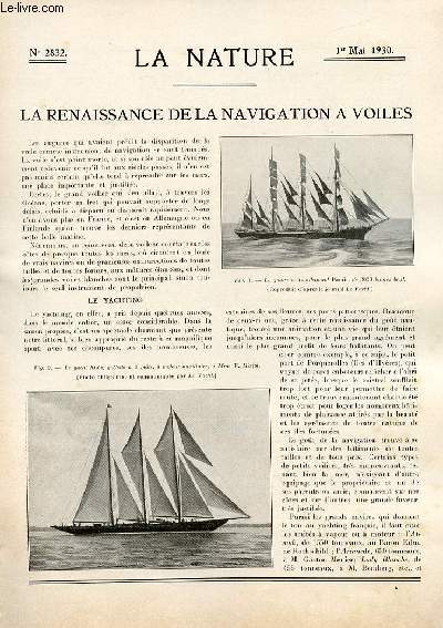 La nature n 2832 - La renaissance de la navigation  voiles par Ct Sauvaire Jourdan, Le bistouri lectrique par Dr J.L. Pech, L'enseignement agricole en Algrie par G. de Raulin, Les cbles tlphoniques souterrains par L. Fournier, Une locomotive