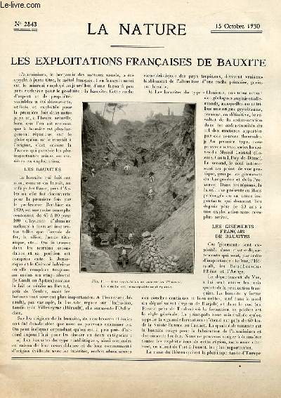 La nature n 2843 - Les exploitations franaises de bauxite par A.F. Pellat, Les eaux minrales  la source et en bouteille par Dr L. Pech, Les bananes franaises par L. Kuentz, Le nouveau cin de salon Filo par Andr Bourgain, La pche  la baleine